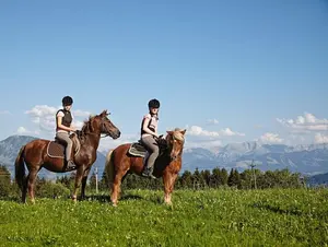 Ferienhof_Westenried_Ponyreiten © Zwei Mädchen reiten Ponys auf einer grünen Wiese im Allgäu mit Bergpanorama und sommerlicher Naturkulisse.