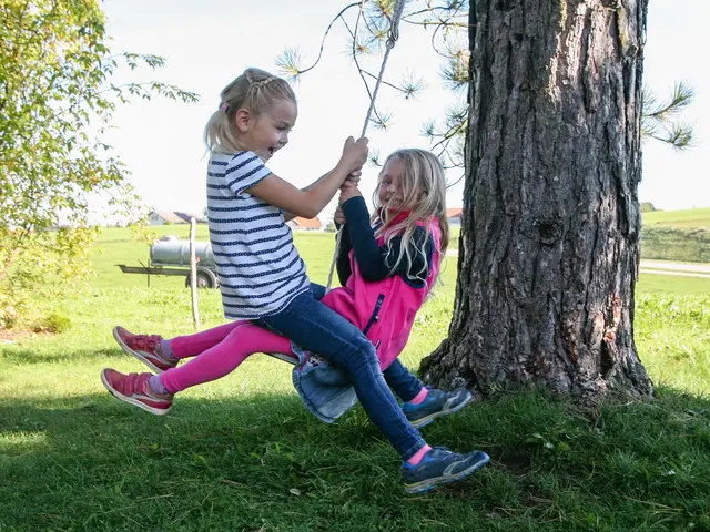 2 Kinder auf einer Schaukel auf dem Waldhof