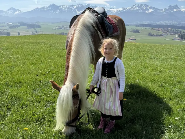 Pferdemädchen Ein kleines Mädchen steht auf einer grünen Wiese neben einem gesattelten Pferd. Das Pferd frisst Gras. Im Hintergrund sind Felder und schneebedeckte Berge unter blauem Himmel zu sehen.