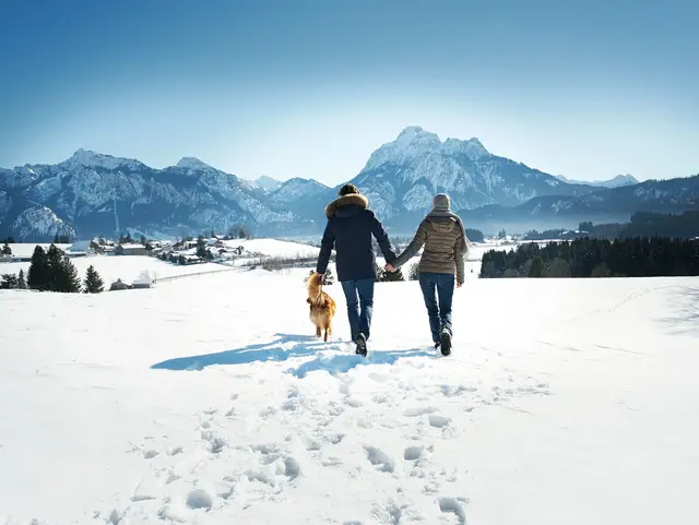 Paar mit Hund bei einer Winterwanderung vor beeindruckender Allgäuer Bergkulisse – Erholung und Natururlaub auf dem Landhof erleben.
