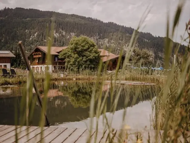 Schwimmteich mit Holzsteg, im Hintergrund der Hof der Alpe Dornach im Allgäu, eingebettet in grüne Natur mit Blick auf Hügel und ländliche Umgebung.
